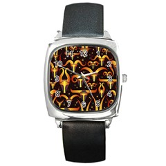 Stylised Horns Black Pattern Square Metal Watch