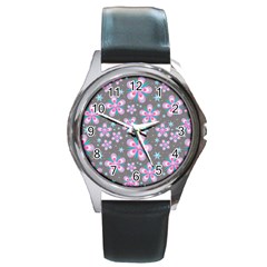 Seamless Pattern Flowers Pink Round Metal Watch by HermanTelo