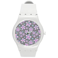 Seamless Pattern Flowers Pink Round Plastic Sport Watch (m)