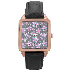 Seamless Pattern Flowers Pink Rose Gold Leather Watch 