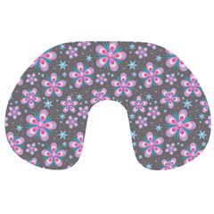 Seamless Pattern Flowers Pink Travel Neck Pillows by HermanTelo