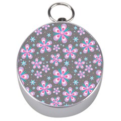 Seamless Pattern Flowers Pink Silver Compasses