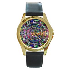 Wave Line Colorful Brush Particles Round Gold Metal Watch by HermanTelo