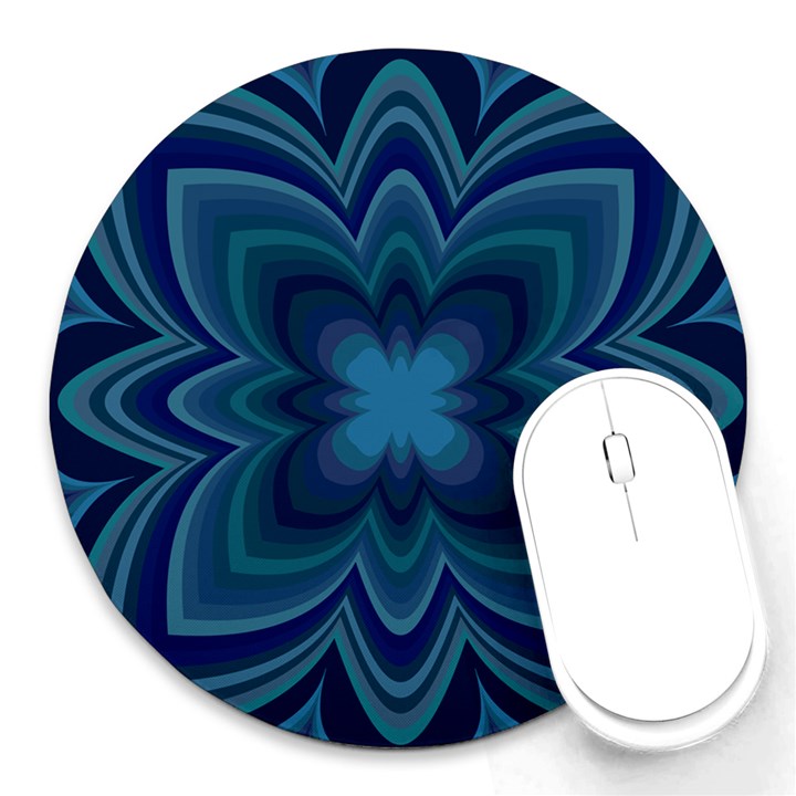 Blue Geometric Flower Dark Mirror Round Mousepads