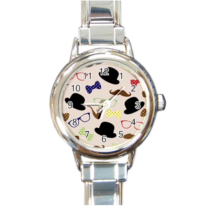 Moustache Hat Bowler Round Italian Charm Watch