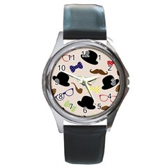 Moustache Hat Bowler Round Metal Watch by HermanTelo