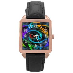 Rainbow Fractal Clouds Stars Rose Gold Leather Watch 