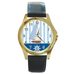 Yacht Boat Nautical Ship Round Gold Metal Watch