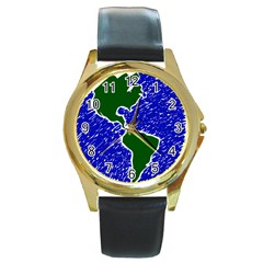 Globe Drawing Earth Ocean Round Gold Metal Watch by HermanTelo