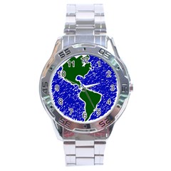 Globe Drawing Earth Ocean Stainless Steel Analogue Watch