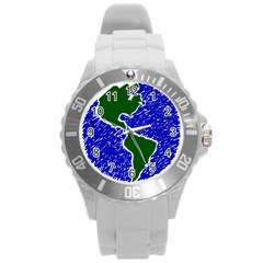 Globe Drawing Earth Ocean Round Plastic Sport Watch (l)