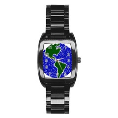 Globe Drawing Earth Ocean Stainless Steel Barrel Watch by HermanTelo