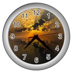 Sunset Reflection Birds Clouds Sky Wall Clock (silver) by HermanTelo