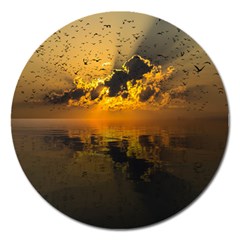 Sunset Reflection Birds Clouds Sky Magnet 5  (round) by HermanTelo