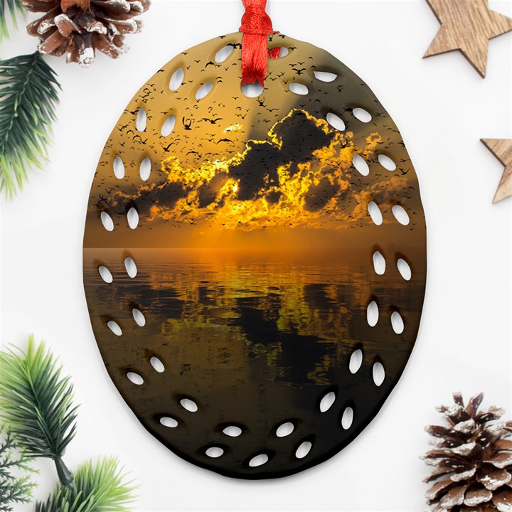 Sunset Reflection Birds Clouds Sky Ornament (Oval Filigree)