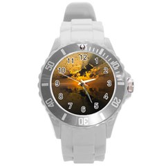 Sunset Reflection Birds Clouds Sky Round Plastic Sport Watch (l) by HermanTelo