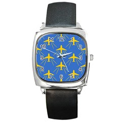 Aircraft Texture Blue Yellow Square Metal Watch