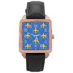 Aircraft Texture Blue Yellow Rose Gold Leather Watch 