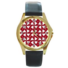 Graphic Heart Pattern Red White Round Gold Metal Watch by HermanTelo