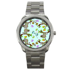 Sloth Aqua Blue Cute Cartoon Tile Green Sport Metal Watch