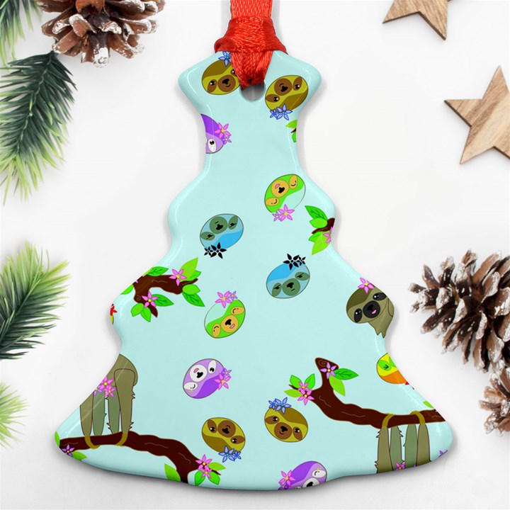 Sloth Aqua Blue Cute Cartoon Tile Green Ornament (Christmas Tree) 