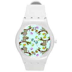 Sloth Aqua Blue Cute Cartoon Tile Green Round Plastic Sport Watch (m) by HermanTelo