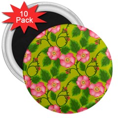 Roses Flowers Pattern Bud Pink 3  Magnets (10 Pack)  by HermanTelo