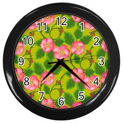 Roses Flowers Pattern Bud Pink Wall Clock (black) by HermanTelo