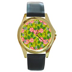 Roses Flowers Pattern Bud Pink Round Gold Metal Watch by HermanTelo