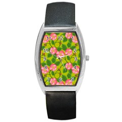 Roses Flowers Pattern Bud Pink Barrel Style Metal Watch