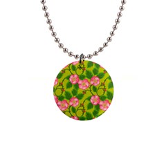 Roses Flowers Pattern Bud Pink 1  Button Necklace by HermanTelo