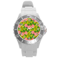 Roses Flowers Pattern Bud Pink Round Plastic Sport Watch (l) by HermanTelo