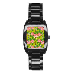 Roses Flowers Pattern Bud Pink Stainless Steel Barrel Watch