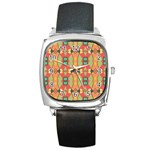 Pattern Orange Green African Square Metal Watch Front