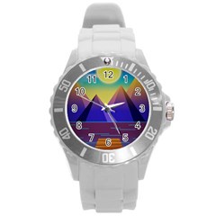 Jetty Landscape Scenery Mountains Round Plastic Sport Watch (l) by Pakrebo