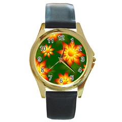 Flower Pattern Floral Non Seamless Round Gold Metal Watch by Pakrebo