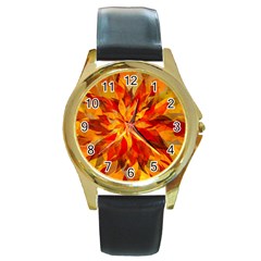 Flower Blossom Red Orange Abstract Round Gold Metal Watch