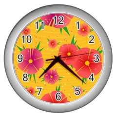 Background Flowers Floral Pattern Wall Clock (Silver)