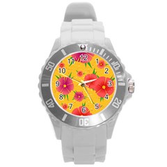 Background Flowers Floral Pattern Round Plastic Sport Watch (L)