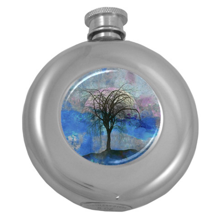 Tree Moon Sky Watercolor Painting Round Hip Flask (5 oz)