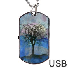 Tree Moon Sky Watercolor Painting Dog Tag Usb Flash (one Side) by Pakrebo