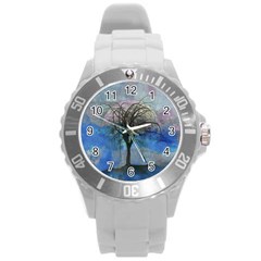 Tree Moon Sky Watercolor Painting Round Plastic Sport Watch (l) by Pakrebo