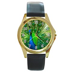 Peacock Peafowl Pattern Plumage Round Gold Metal Watch by Pakrebo