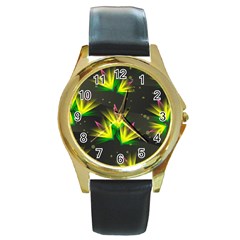 Background Floral Abstract Lines Round Gold Metal Watch by Pakrebo