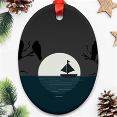 Birds Moon Moonlight Tree Animal Oval Ornament (two Sides)