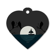 Birds Moon Moonlight Tree Animal Dog Tag Heart (Two Sides)