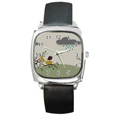 Birds Tree Animal Black Tree Square Metal Watch