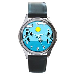 Birds Sun Tree Animal Black Tree Round Metal Watch by HermanTelo