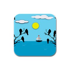 Birds Sun Tree Animal Black Tree Rubber Square Coaster (4 Pack)  by HermanTelo