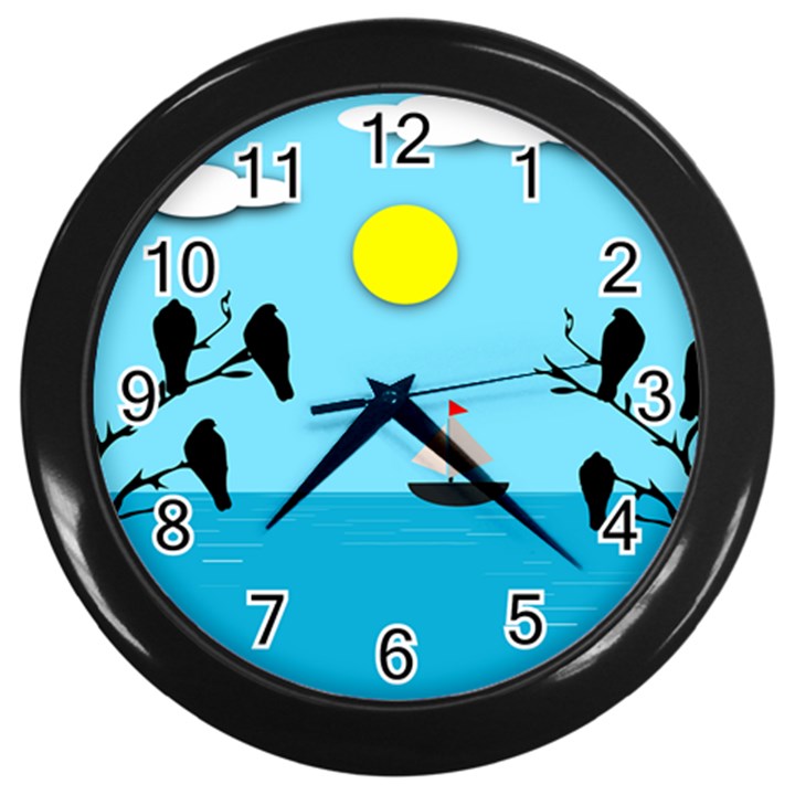 Birds Sun Tree Animal Black Tree Wall Clock (Black)